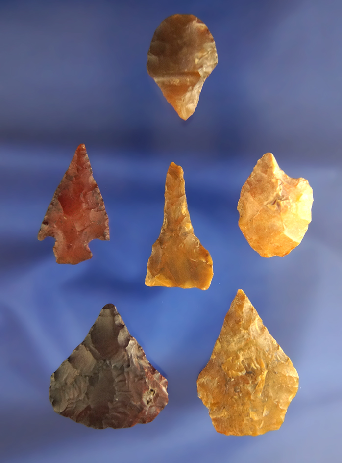 Set of six assorted flaked artifacts, largest is 1 1/4" found near the Coeur D' Alene River in Idaho