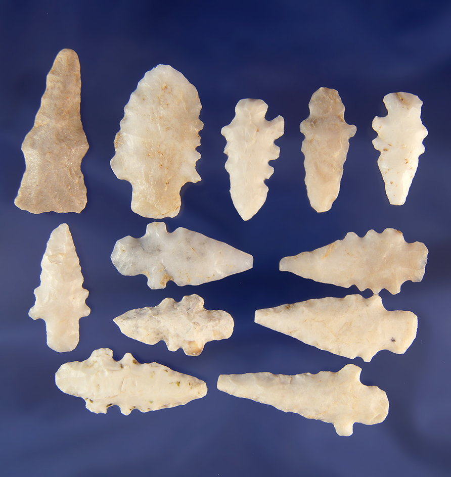 Nice group of 12 Duran points found in New Mexico, largest is 1 5/8".