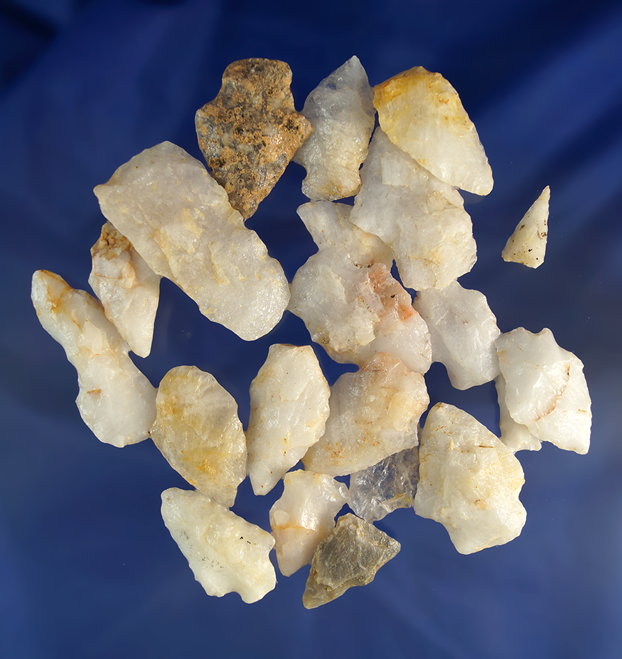 Large group of assorted Quartz arrowheads in tools, largest is 2 3/8". All found in Virginia.