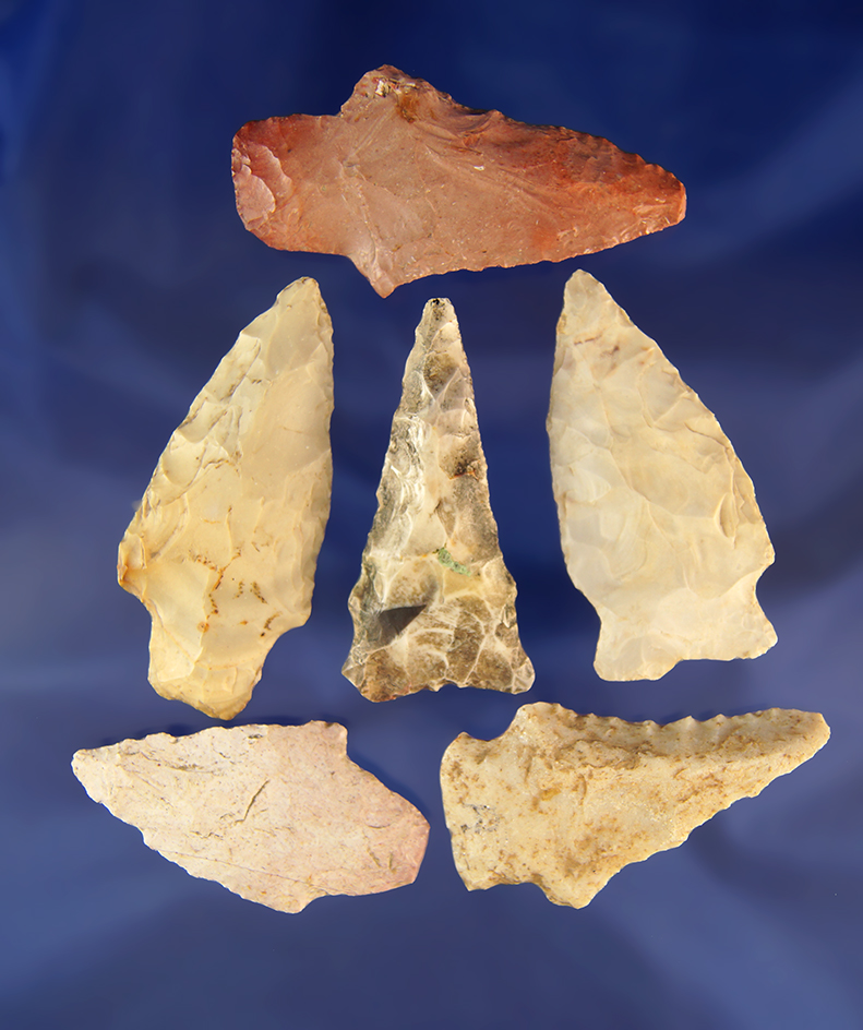 Set of six assorted arrowheads found in Missouri, largest is 2 5/8".