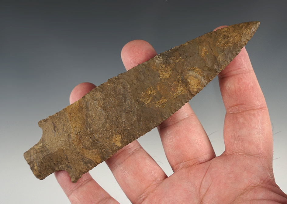 Large, 5 11/16" Tennessee Stemmed point.  3 1/4" of the top section professionally restored.