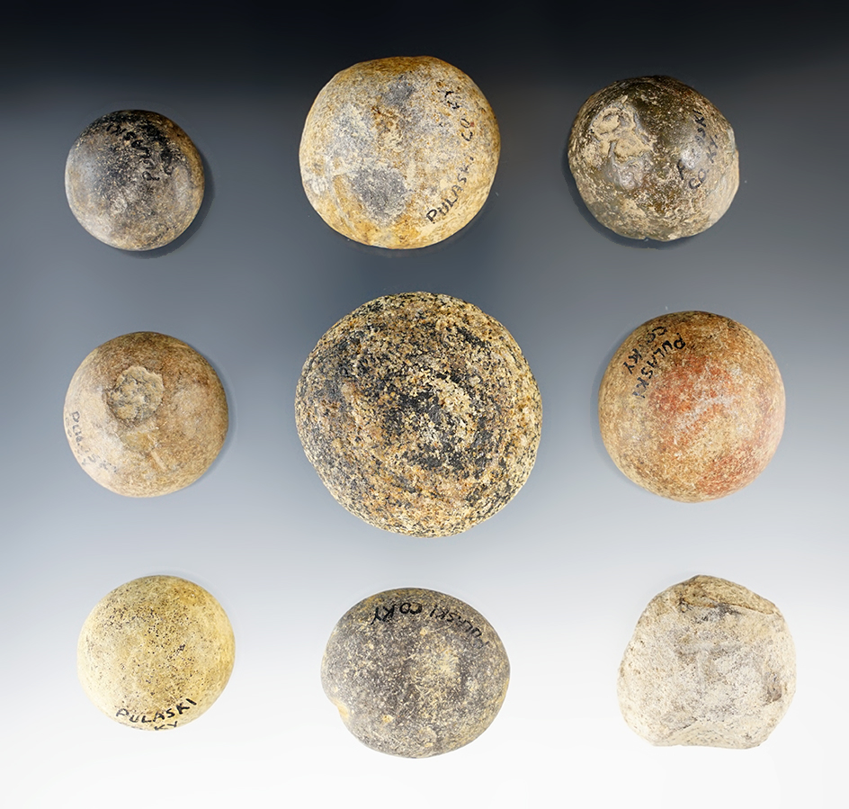 Group of 9 stone gamestones found in Kentucky. Largest is 1 13/16"