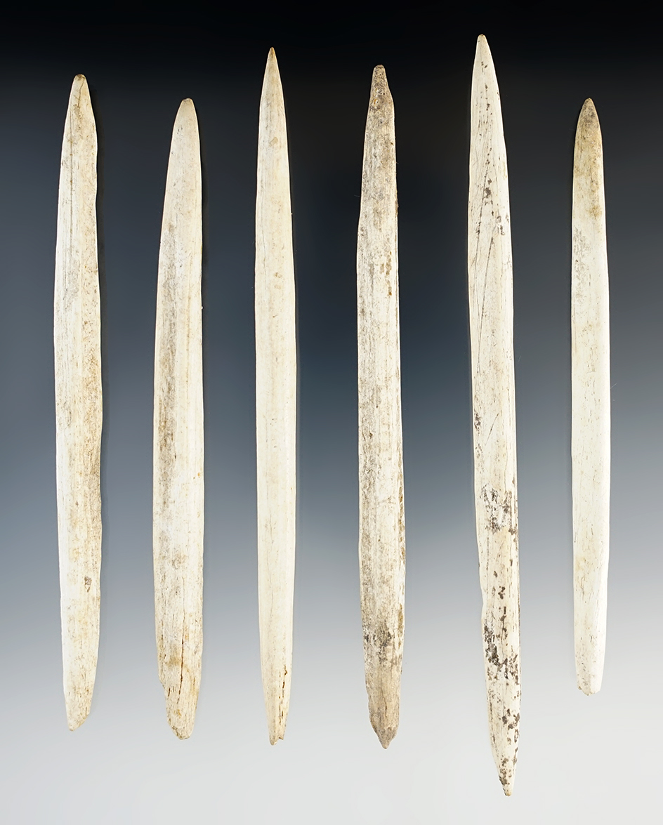 Set of six bone projectile points found in Florida in excellent condition. Largest is 5 5/8".