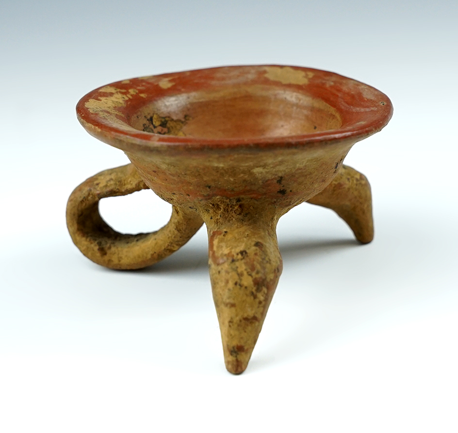 Unique 3" wide miniature tri-leg pre-Columbian pottery bowl found in Mexico.