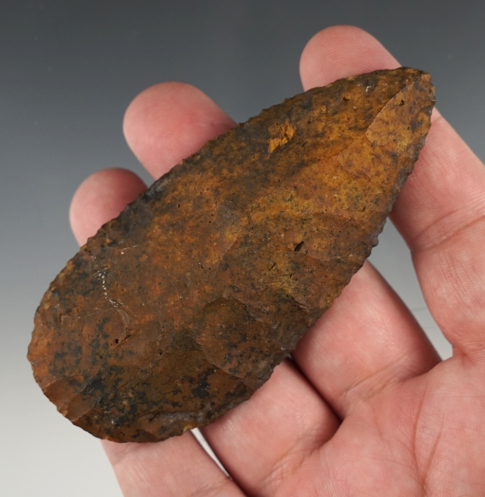 Heavily patinated 3 13/16" Paleo Uniface Knife found in Marion Co., Florida. Ex. Weidman.