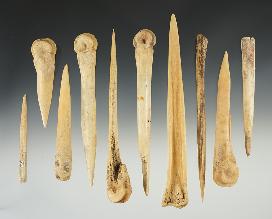 Set of 10 Bone Awls found in New Mexico. The largest is 6 3/4".