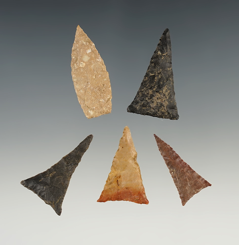 Set of 5 well made Kentucky/Tennessee Triangle points in great condition. The largest is 1 3/8".