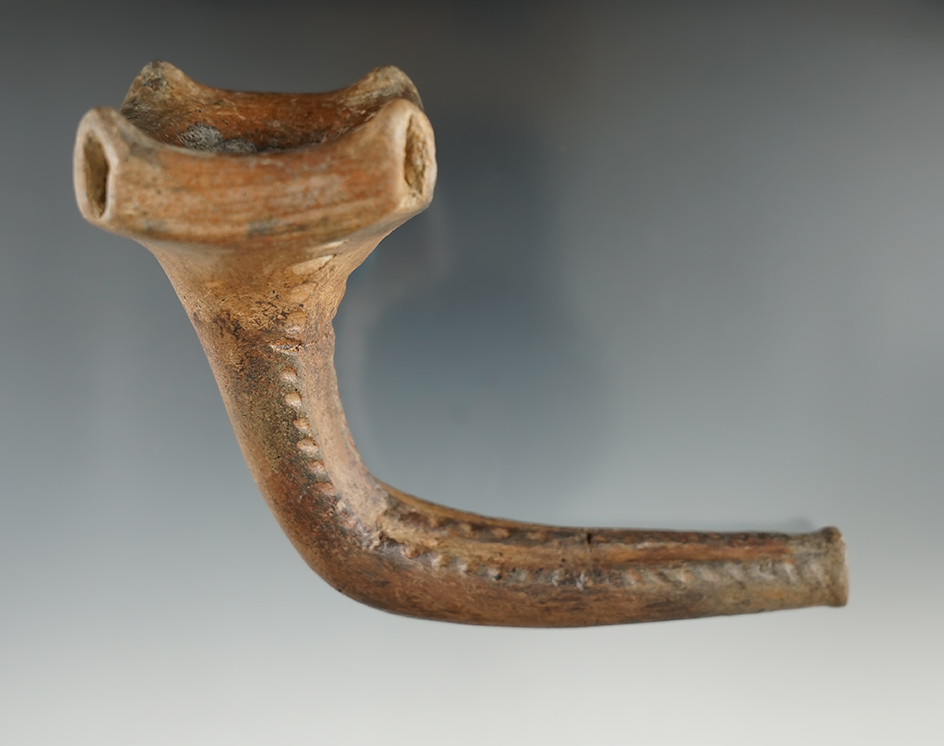 4 3/4" x 3 1/2" tall Crown Style Clay Pipe, Simcoe Co., Ontario, Canada. Stem has some restoration.