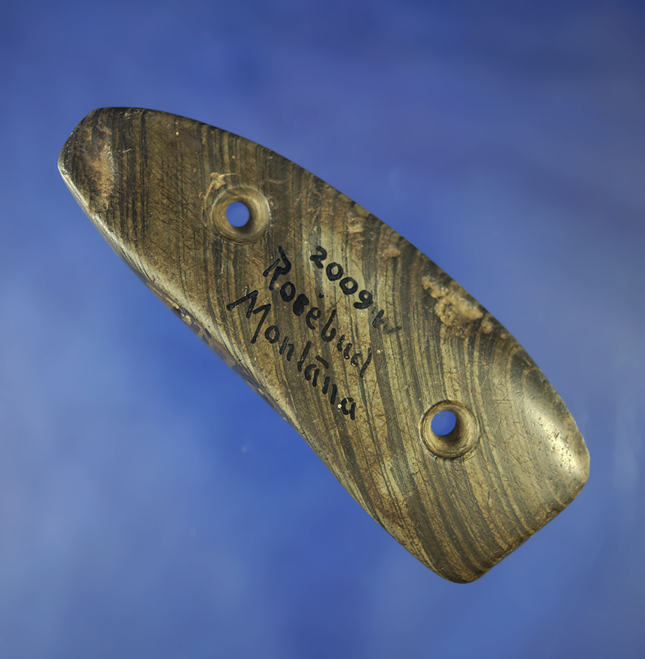 Rare! 3 1/2" Uniquely shaped Two-Hole Gorget found in Rosebud, Montana.  Ex. Wehrle Collection