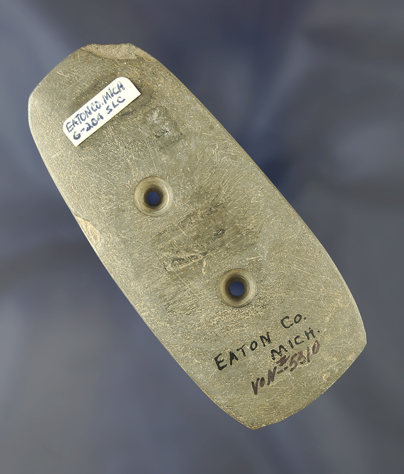 4" Green Banded Slate Rectangular Gorget found in Eaton Co., Michigan.  Dickey COA.