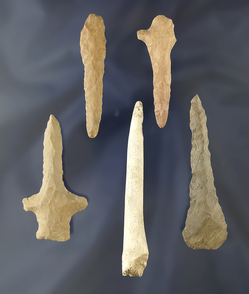 Group of 4 Drills and an Antler Awl found in Tennessee, near Clarksville. Largest is 3 3/16".