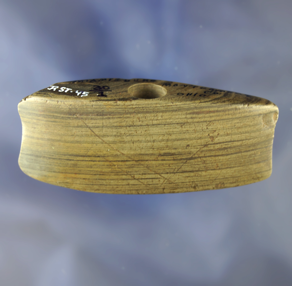 Rare style! 3 1/16" Reel Bannerstone made beautifully banded Glacial Slate.  Miamisburg, Ohio.