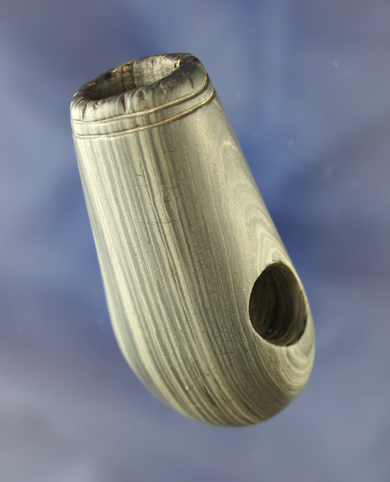 Rare! Very fine 2 1/2" Banded Slate Pipe Ex. Jan Sorgenfrei Collection.  Ohio. Engraved and tallied.