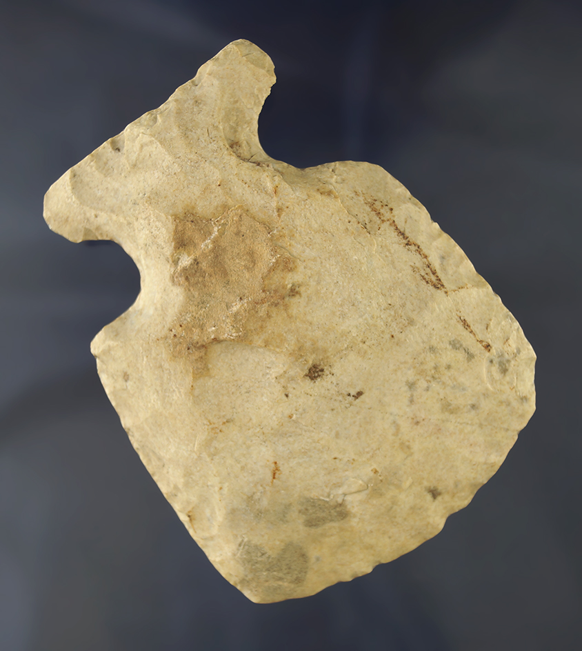 Rare style! 4 3/8" x 3 3/8" Mississippian Notched Hoe found in west central Illinois. Dickey COA.