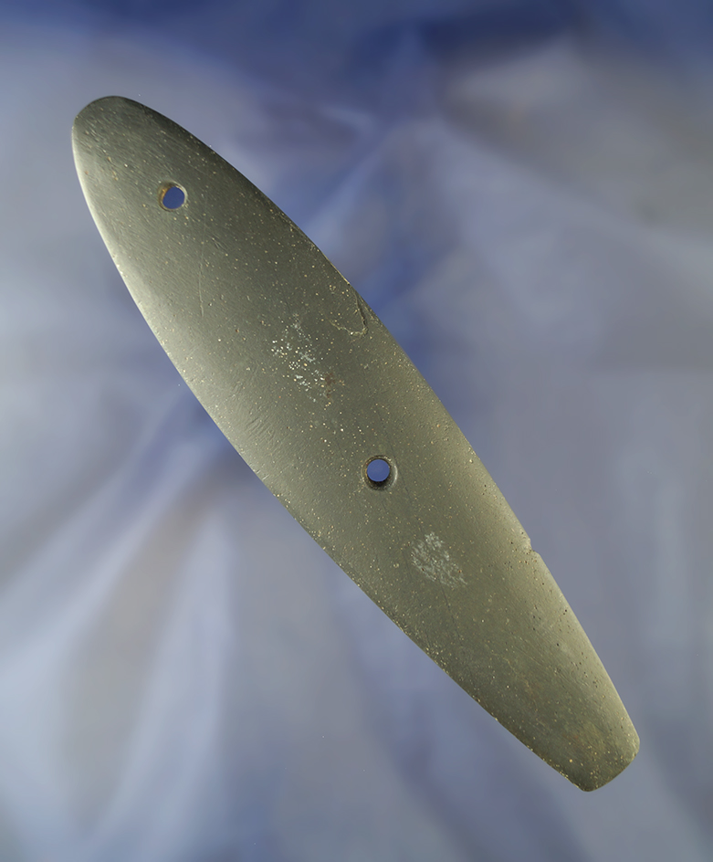 Large 7 1/8" Long Black Slate Glacial Kame Sandal Sole Gorget. Found in Crawford Co., Ohio.