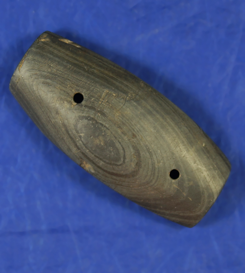Rare style 3 1/16" Two Hole Glacial Kame Humped Gorget made from beautifully Banded Slate.