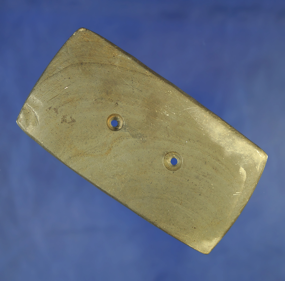 3 5/16" nice and thin banded slate two hole Hopewell Rectangular Gorget found in Wood Co.,  Ohio.