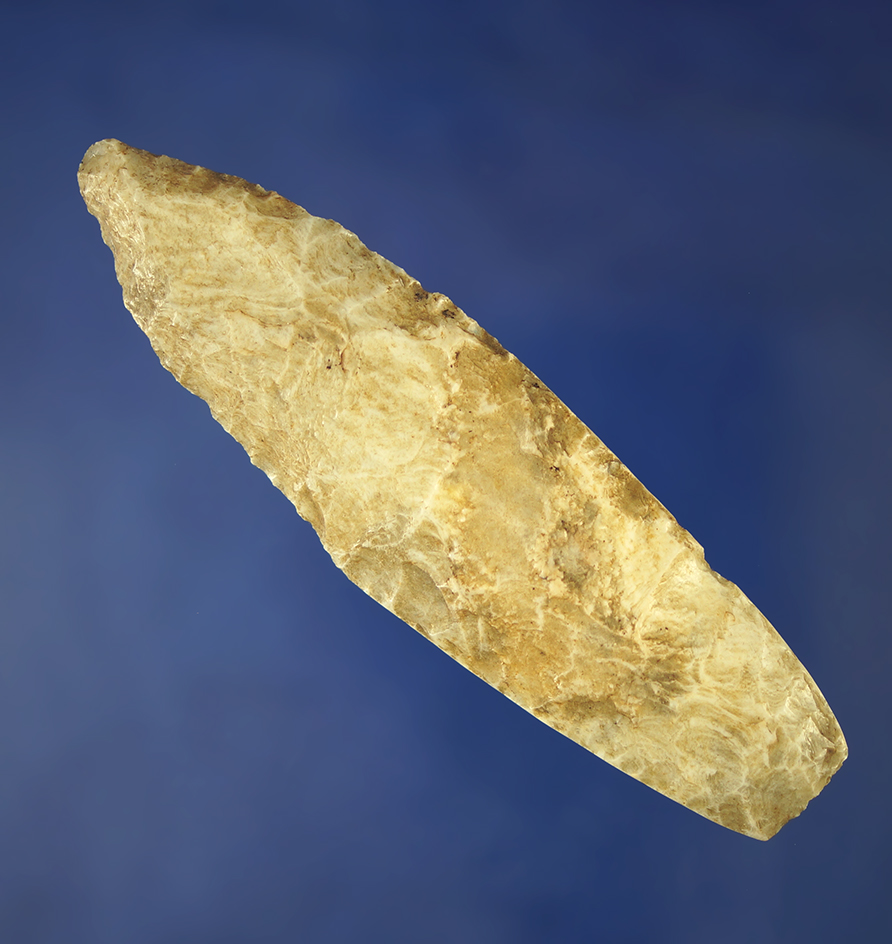 Heavily patinated 3 11/16" Agate Basin which is heavily ground on the edges - Schuyler Co.,  Illinoi