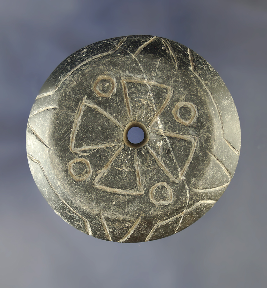 Highly carved PreColumbian 2 7/16" Diameter Hardstone Drilled Spindle Whorl or Bead