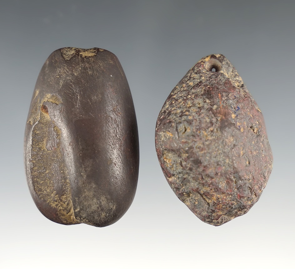 Pair of nice Hematite artifacts - drilled Pendant and a Loafstone. Eastern U.S. Largest is 2 1/4".