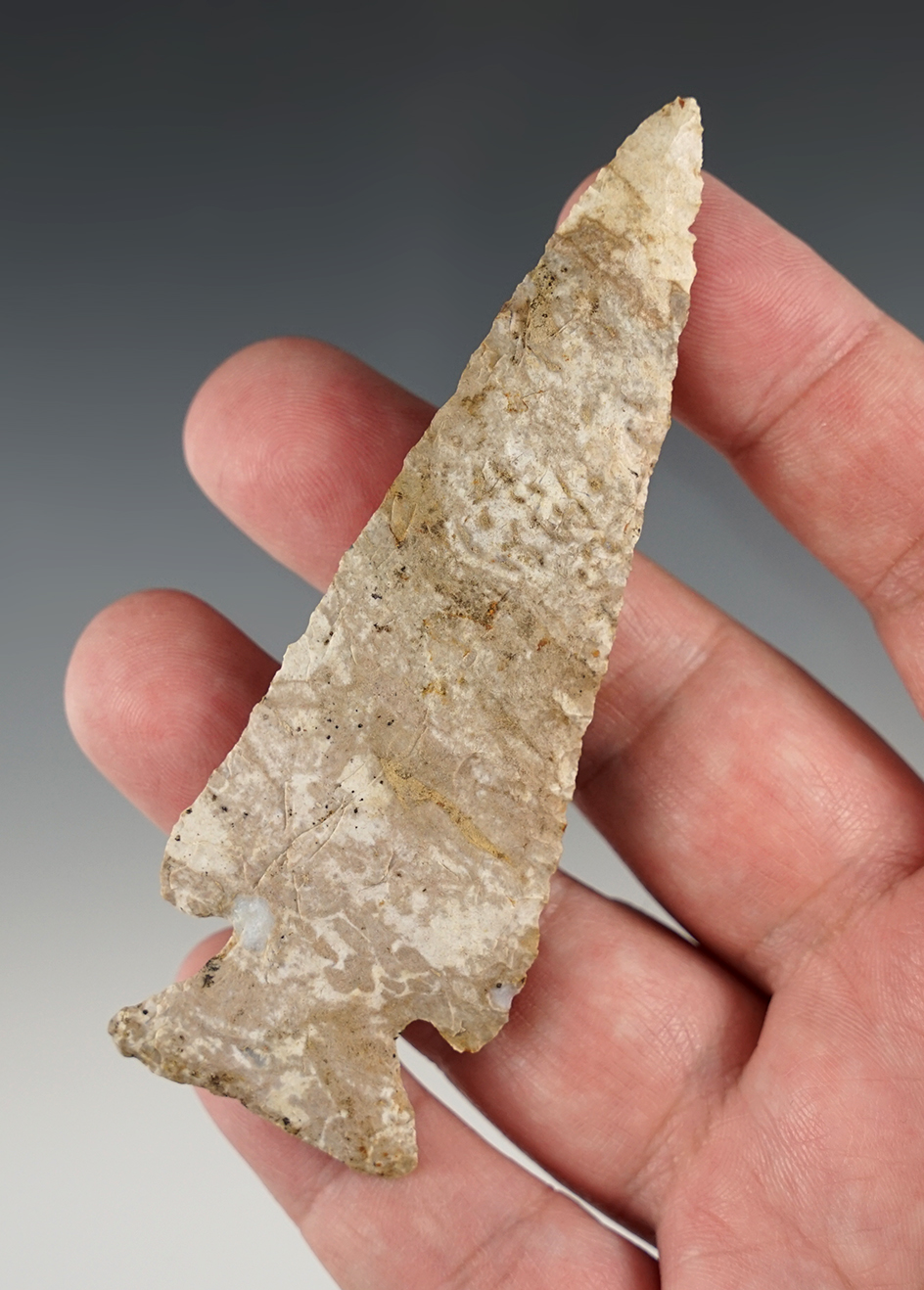 Fine 3 7/8" Archaic Cornernotch made from Fort Payne chert. Found in Kentucky.