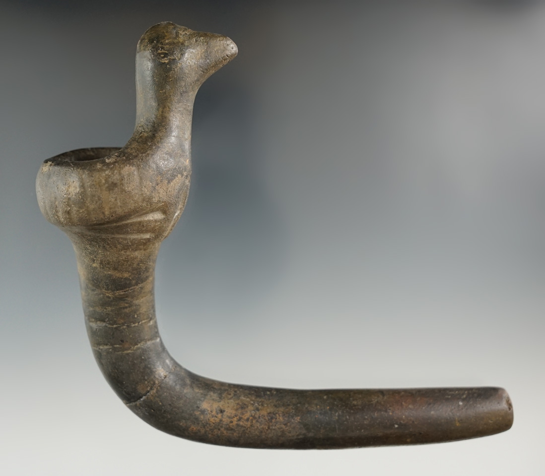 5" bird effigy Iroquois clay pipe with partial restoration to the effigy and a broken and mended elb