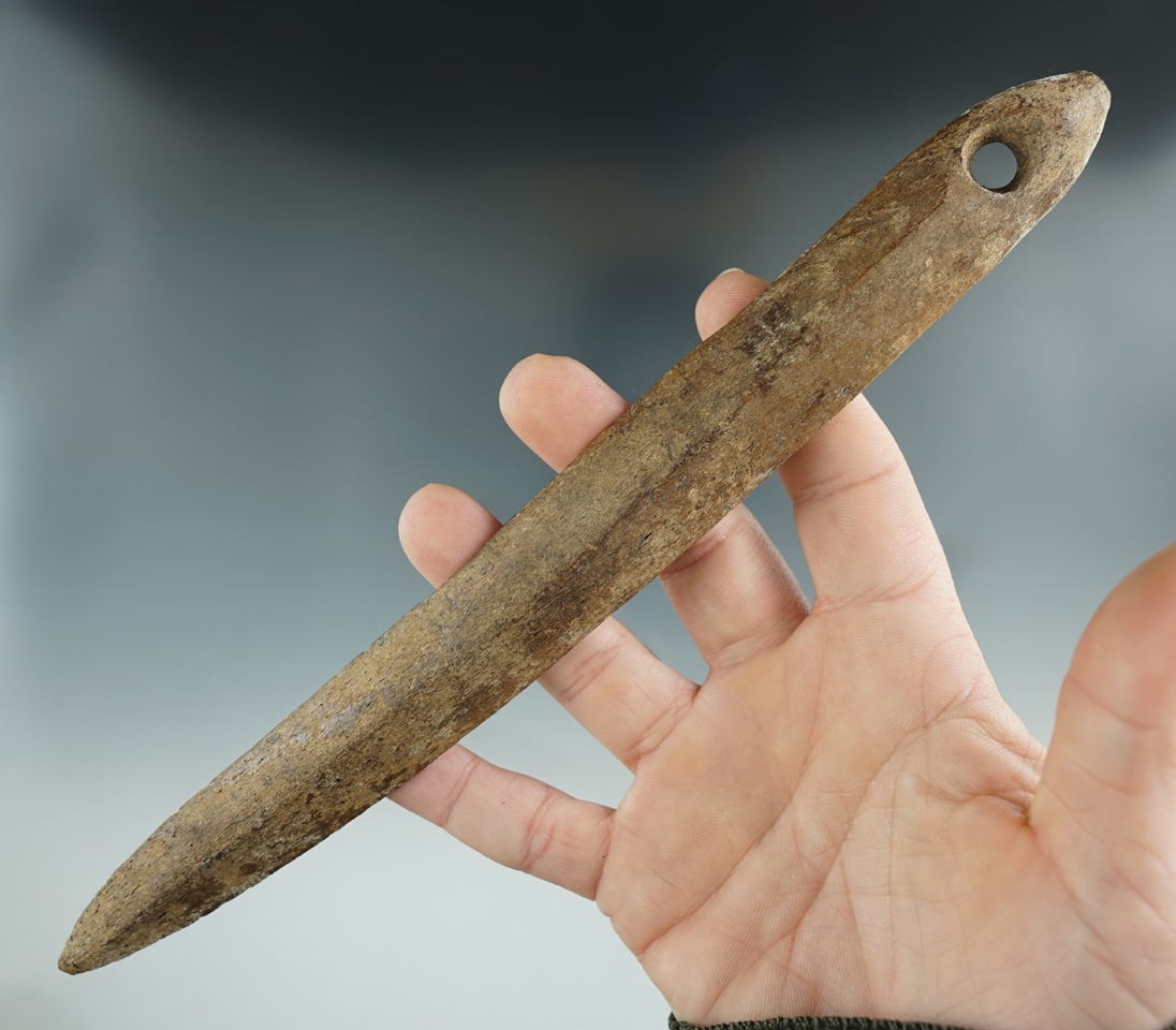 9 1/16" Inuit Bone Snow Knife with preparation for suspension. Found in Alaska.