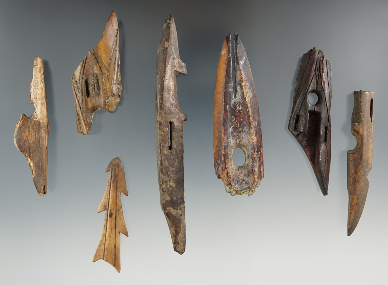 7 damaged Inuit bone and ivory artifacts found in Alaska that make great study and display pieces.