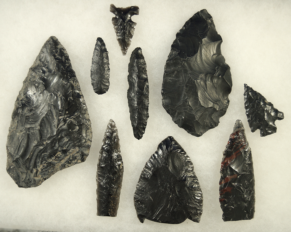Group of assorted obsidian artifacts found in Fort Rock Oregon, largest is 4 3/4".