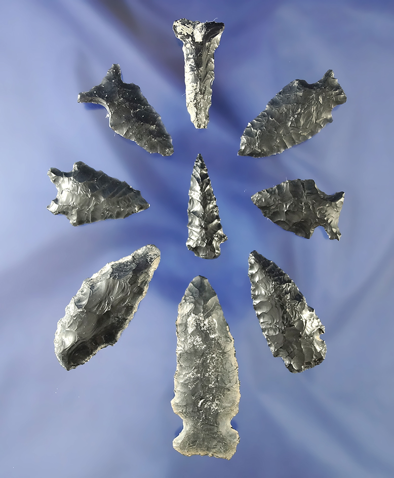 Set of nine assorted obsidian artifacts found near Fort Rock Oregon. Largest is 2 5/16".