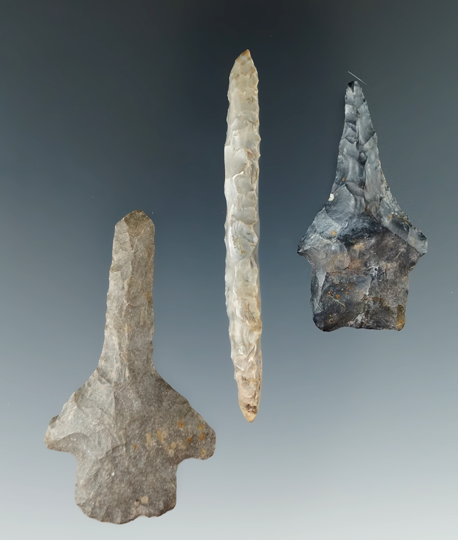 Set of three assorted Drills found in Preble Co., Ohio. Ex. Ron Ammerman. Largest is 2 11/16".