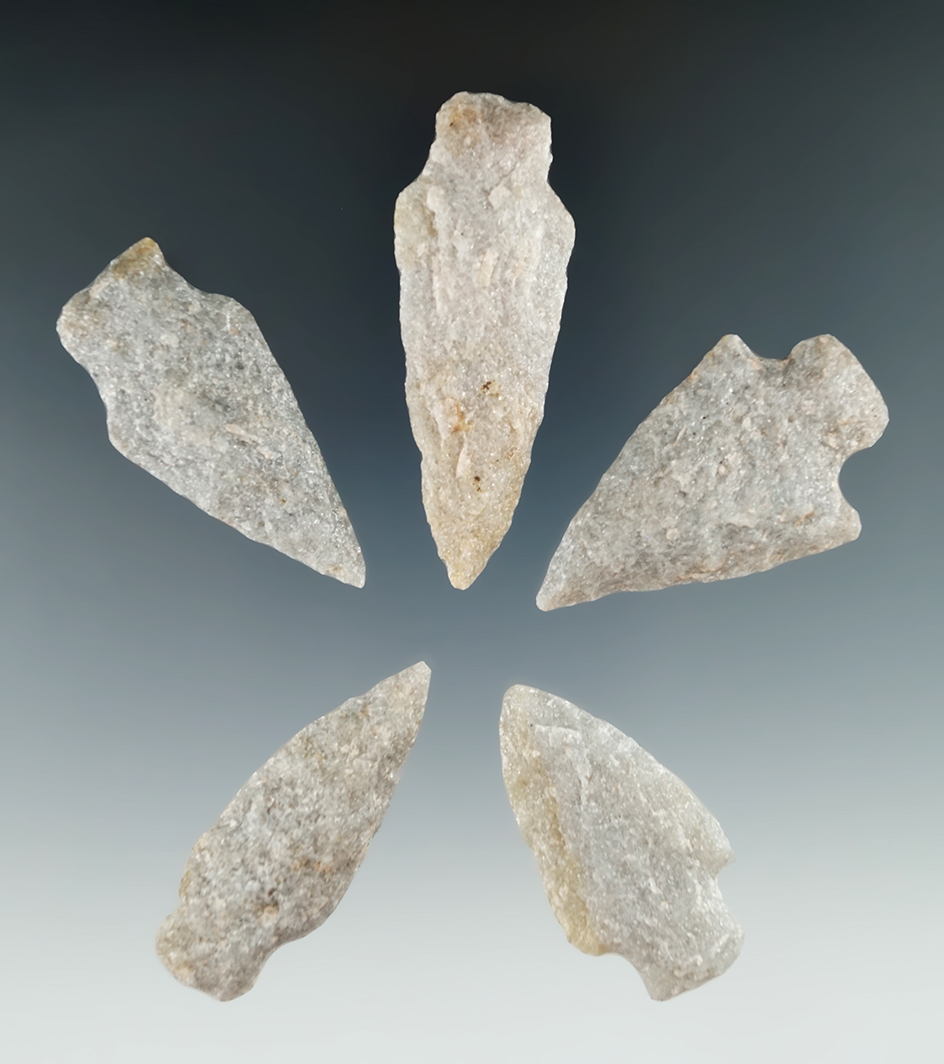 Set of five nicely made quartz points found in New Jersey, largest is 2 7/16".