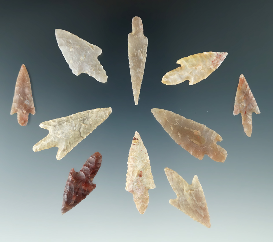 Group of 10 Neolithic arrowheads found in the northern Sahara desert region of Africa.