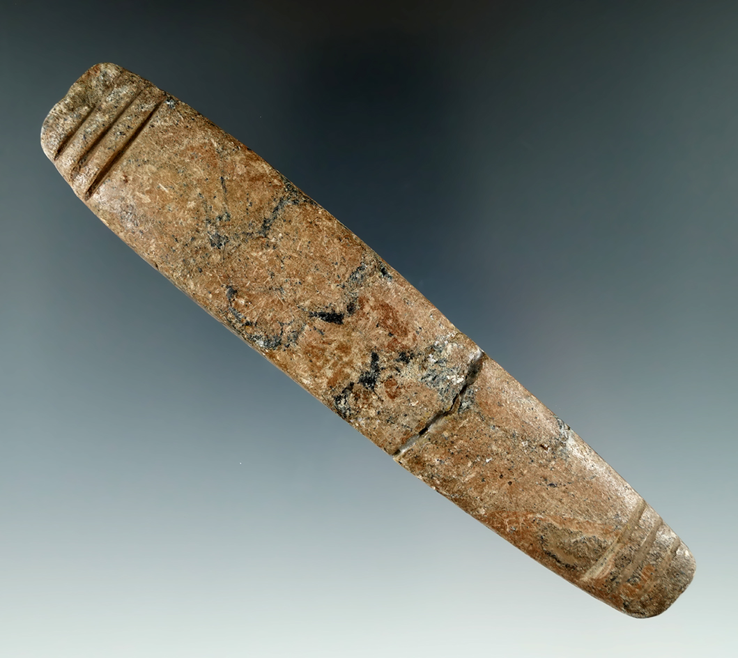 5 5/16" Hardstone Elliptical Bar Atl-Atl Weight with incised lines at both ends - broken and glued