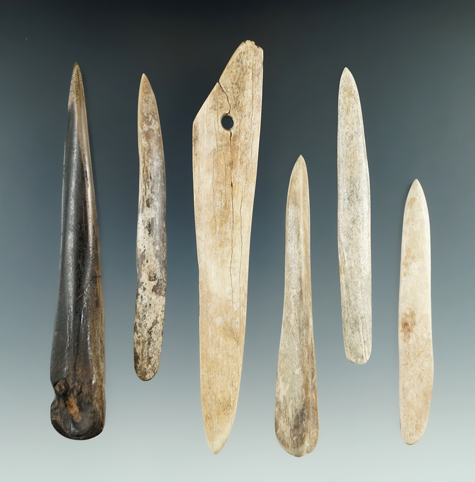 Group of six Bone Awls and Projectile points, largest is 5 3/8".