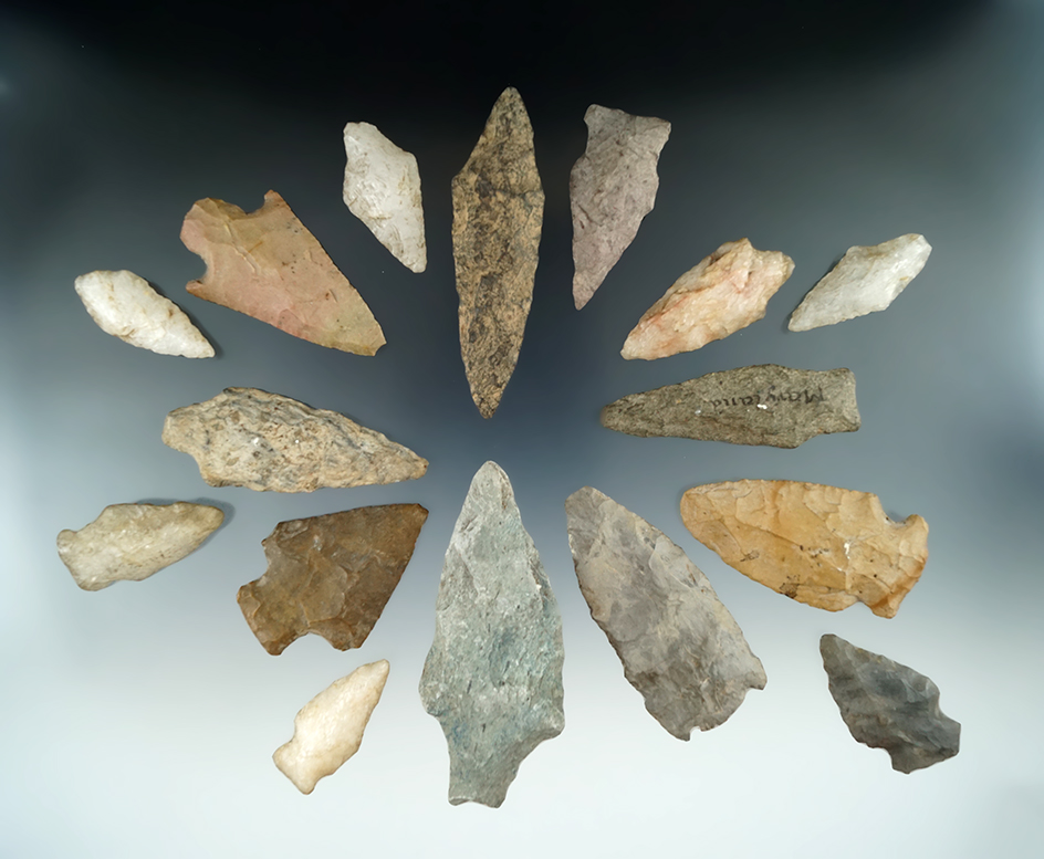 Set of 16 assorted points and Knives found in Maryland, largest is 3 3/16".