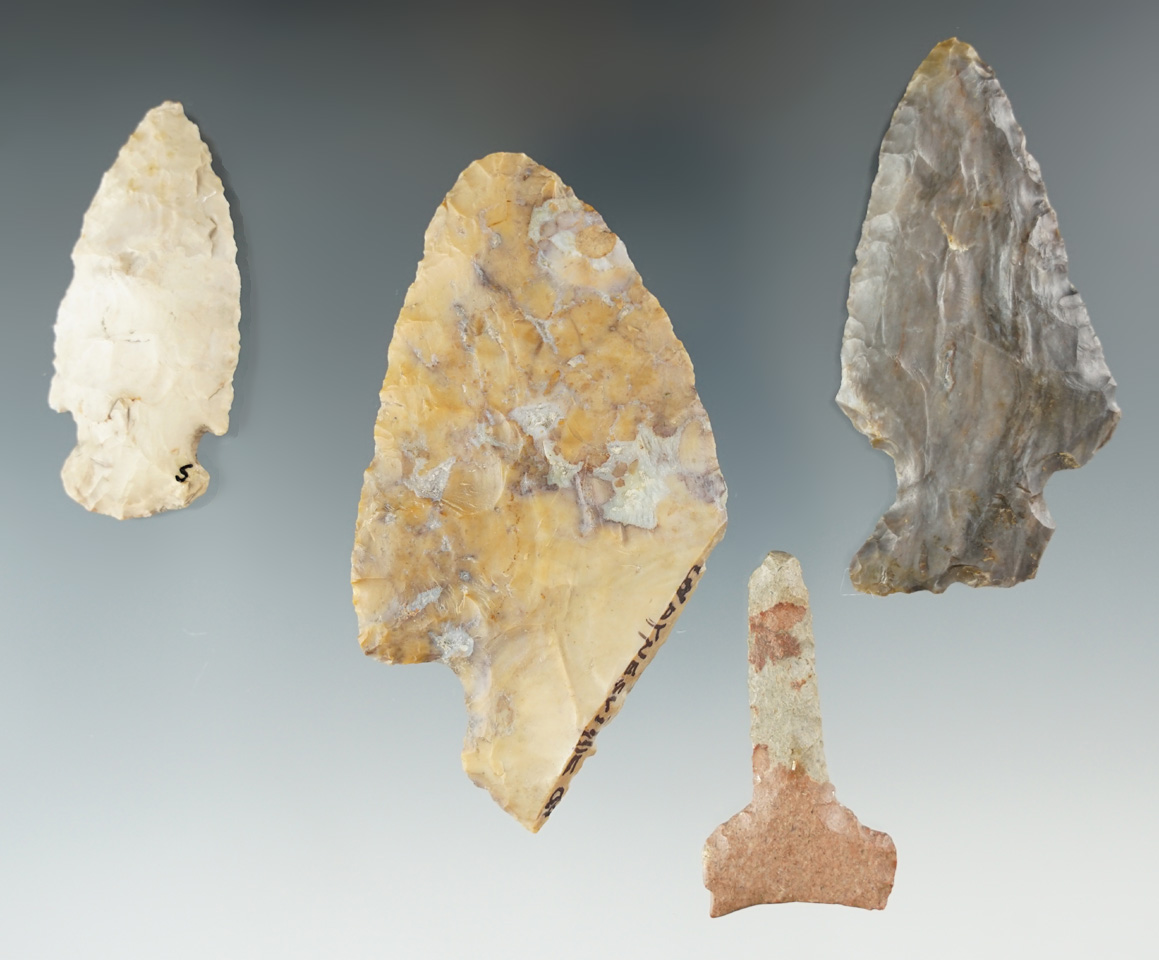 Set of four artifacts found in Ohio, includes two Hopewell knives a T drill and a point.