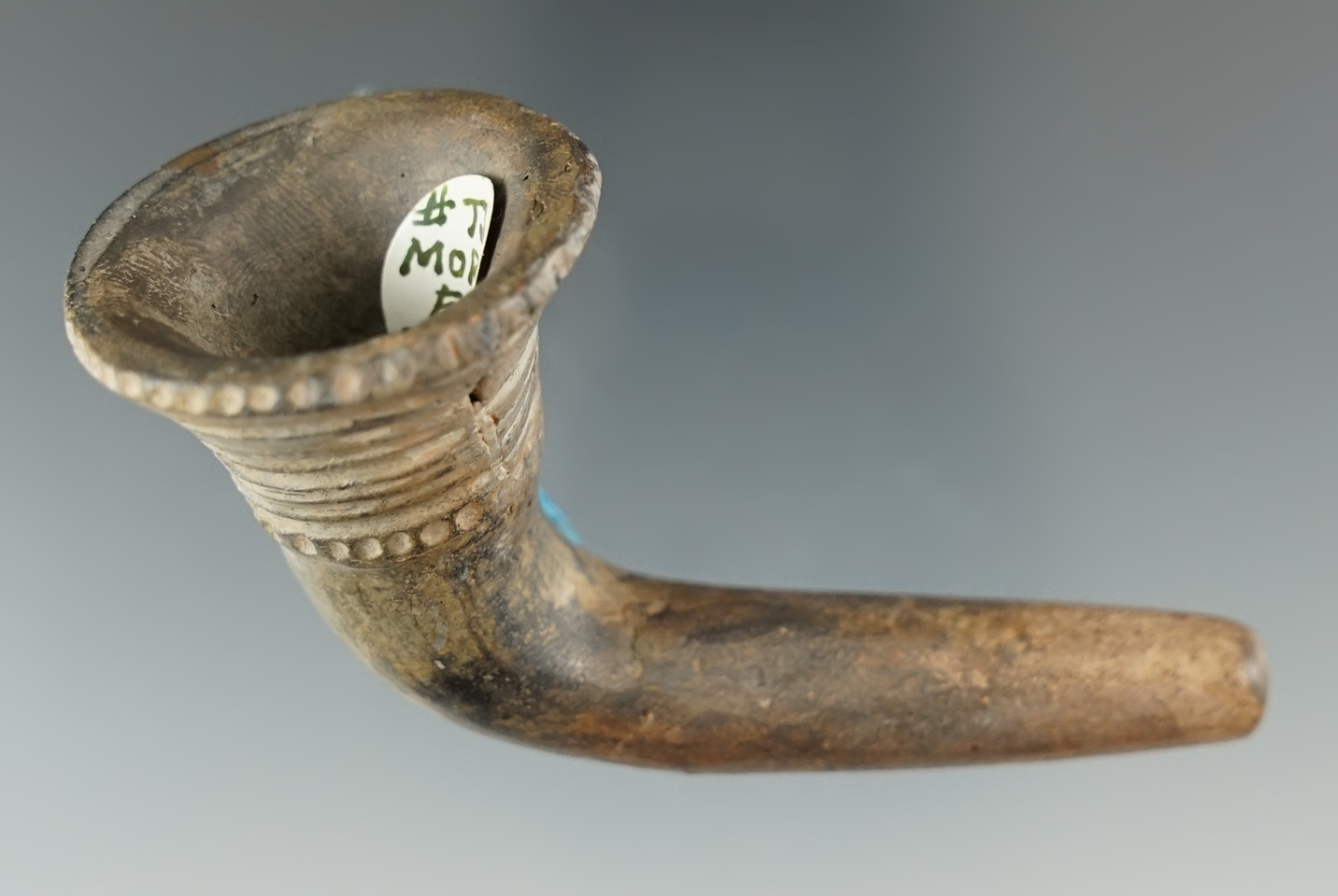 Beautifully designed Iroquois clay flared rim trumpet pipe which is restored