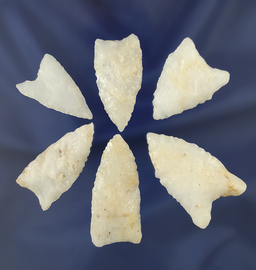 Set of six nice assorted Quartz arrowheads found in Alabama, largest is 2".