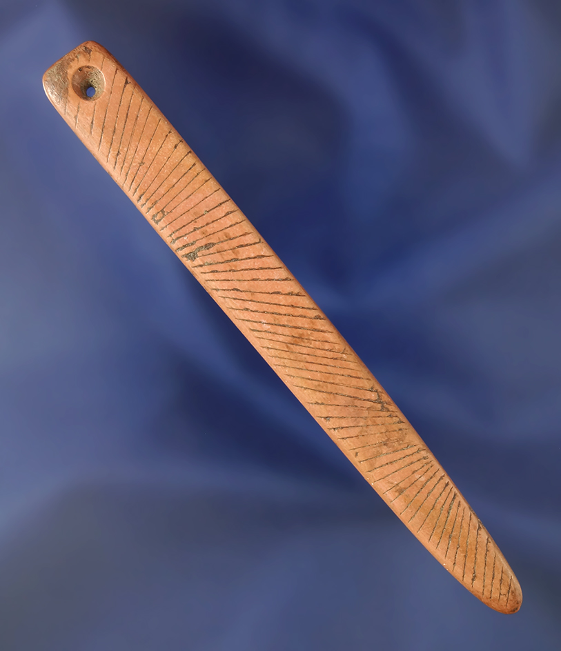 Beautifully decorated 4" drilled bone ornament with a unique red coloration - Mason Co.,  WV.