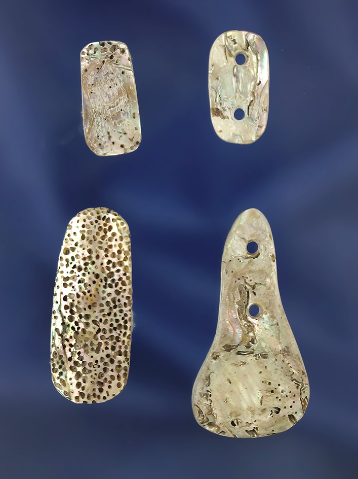 Set of four attractive abalone shell ornaments found in California, largest is 1 3/8".