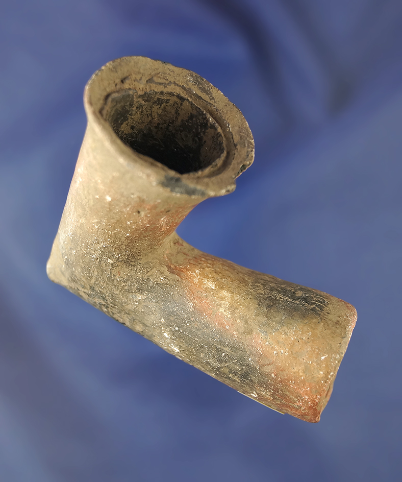 3 1/4" nicely styled thin wall pottery elbow pipe found in Yell Co.,  Arkansas -  Dickey COA.