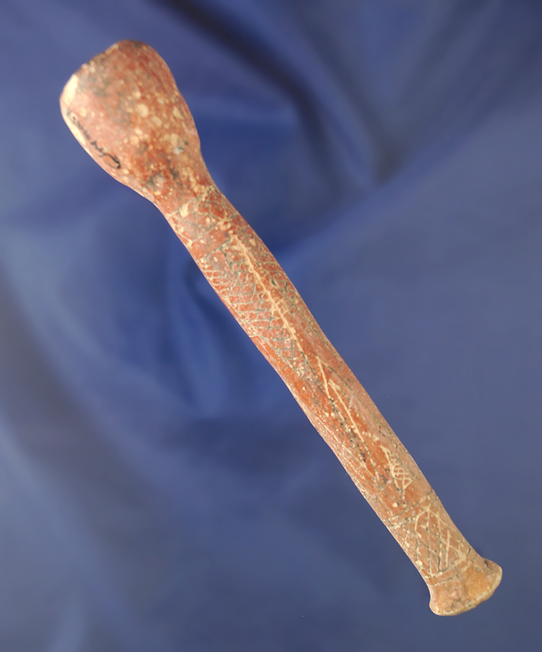 5 11/16" clay Chumash Wineglass Pipe that is heavily engraved found in California.