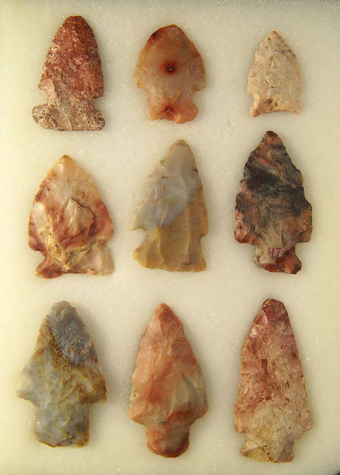 Set of 9 Colorful Arrowheads found in Ohio. Largest is 2 5/16".