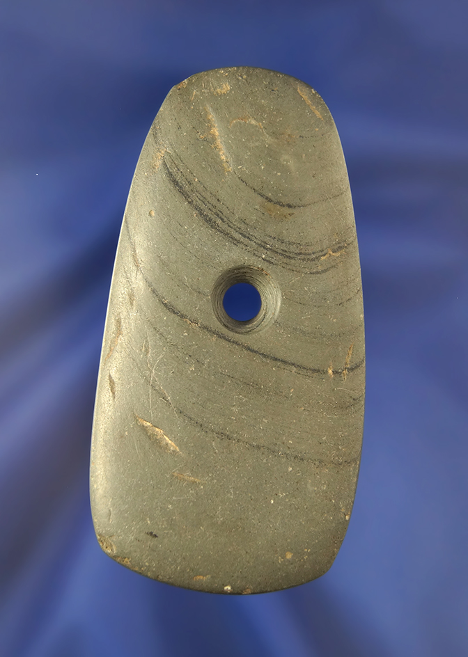 3 5/16" Banded Slate Pendant found in Darke Co., Ohio by Ronald Thiebeau.