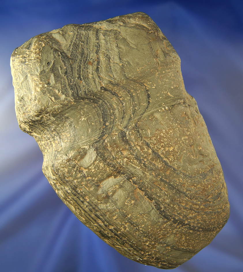 Unique 6 3/16" full grooved Banded Slate Axe found in Ohio. Ex. Roy Thornhill.