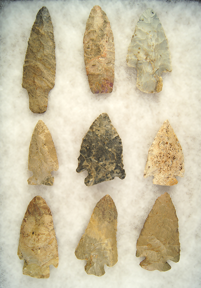 Set of 9 Assorted Restored Arrowheads found in Ohio. Largest is 3 7/8".