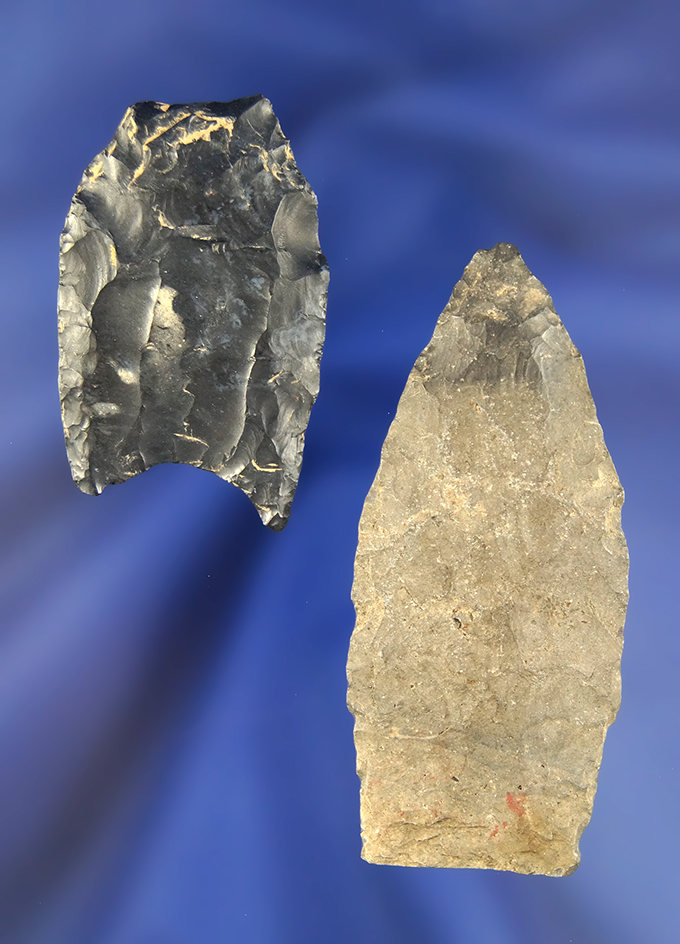 Pair of Coshocton Flint Paleo Points, largest is 2 7/16", Fredericktown, Knox Co., Ohio.