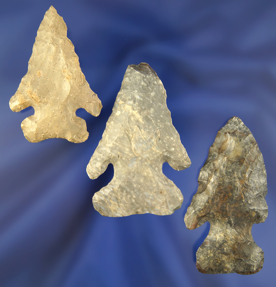 Set of 3 Archaic Thebes Arrowheads, largest is 2 3/8",  Fredericktown, Knox Co., Ohio.
