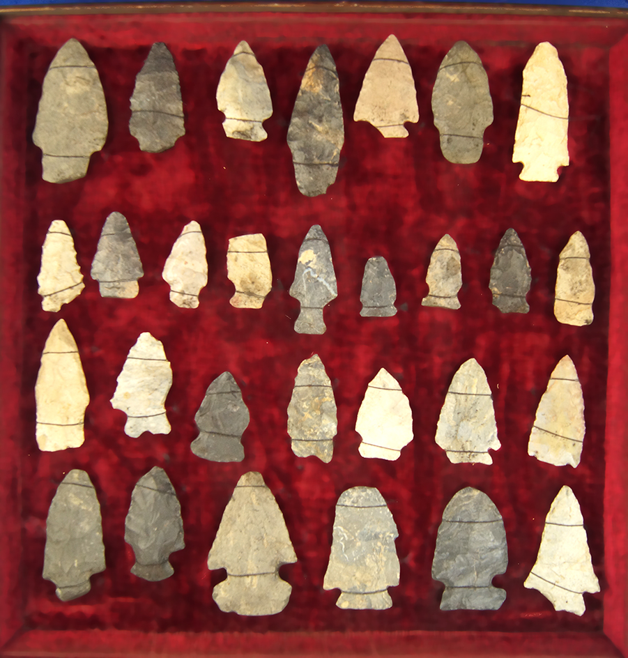 Frame of Flint Artifacts tied to a board found in the 1940's near Fredericktown, Knox Co., Ohio. Lar